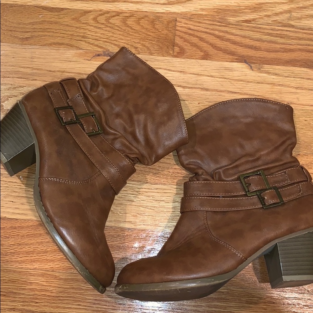Cognac colored mini cowboy boots with buckles